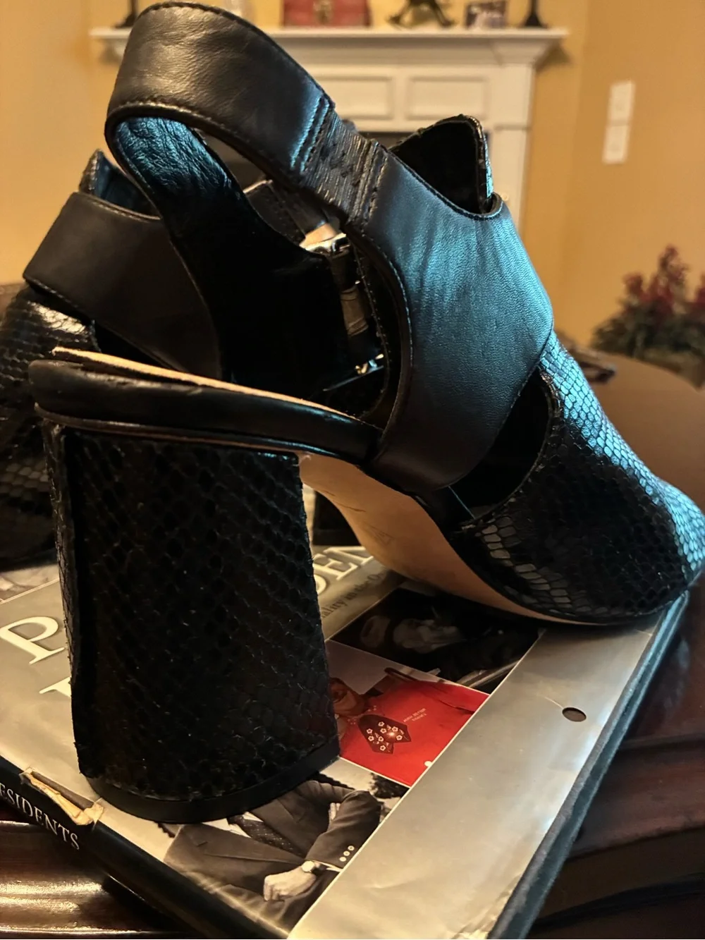 Donald J. Pliner Black Reptile-Texture Open-Toe Heels
